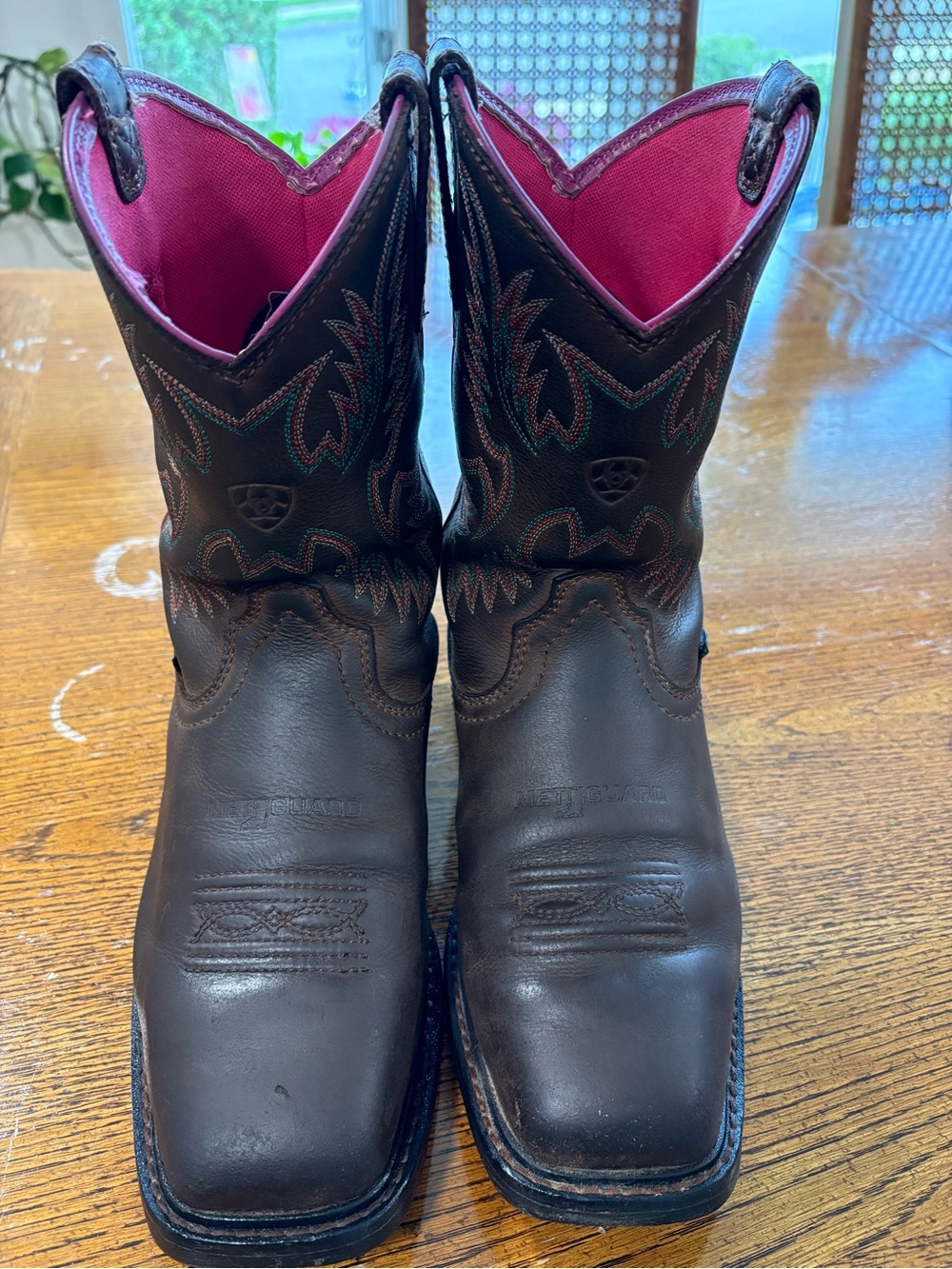 Ariat Brown Leather Western Boots with Pink Shaft Lining - Picture 2 of 7